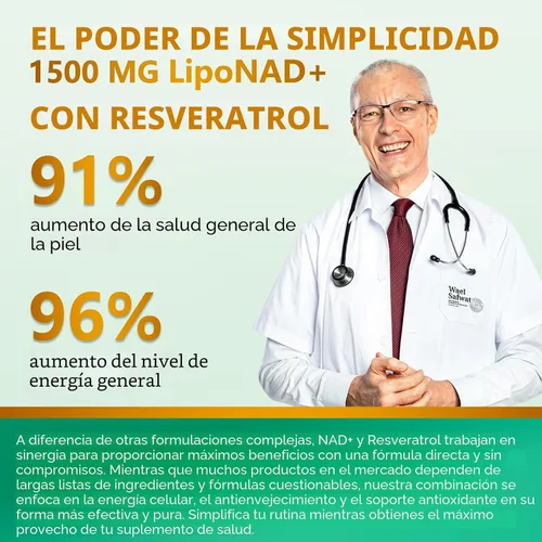Miniatura 8 de Suplemento NAD 1500mg - NAD+ Liposomal Nicotinamida Ribósido con Resveratrol, NAD Plus Potenciador - Apoyo para la Salud Celular, Resistencia