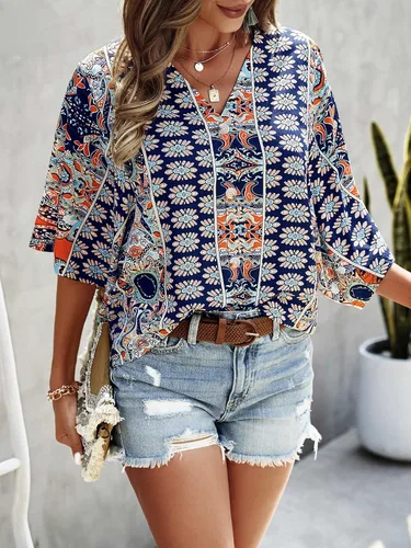 Miniatura 3 de SOLY HUX Women's Boho Print V Neck 34 Bell Sleeve Button Front Summer Blouse Top