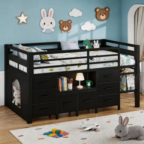 Miniatura 8 de Einhomn Litera matrimonial sobre matrimonial, cama de metal resistente con escalera y barandilla de longitud completa, espacio de almacenamiento