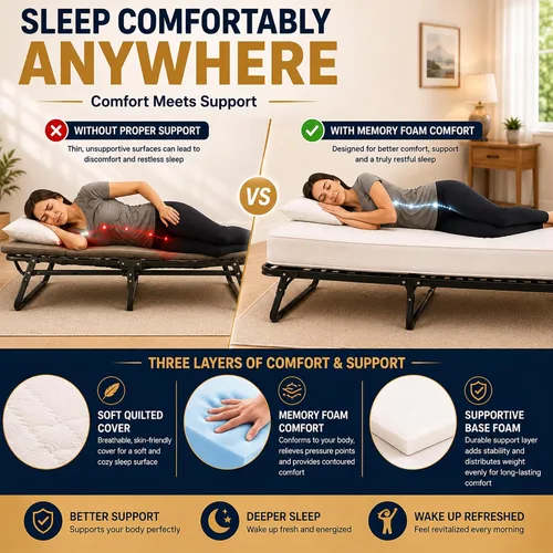Miniatura 7 de Greaton, 14″ High Folding Guest Bed with 3″ Memory Foam Mattress – Sturdy Metal Frame, Easy Access for Seniors, Underbed Storage, Comfortable Bed