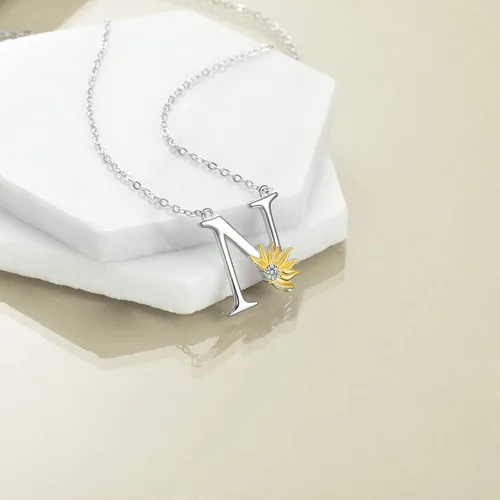 Miniatura 2 de POPLYKE Collar de girasol con inicial, regalos de girasol para mujeres y niñas, letra del alfabeto, letra y nombre, Plata esterlina, cristal