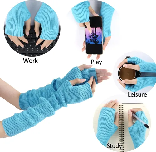 Miniatura 14 de Facecozy Calentadores de brazos para mujer, mezcla de lana de cachemira, guantes largos sin dedos para mujer, guantes para clima frío con agujero