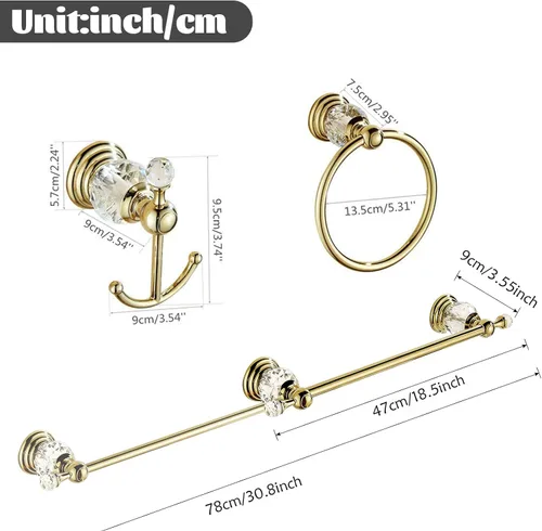 Miniatura 6 de WINCASE Accesorios de baño de oro, Conjunto de barra de toalla de cristal ajustable, juego de hardware dorado para toallas de mano, anillo, soporte