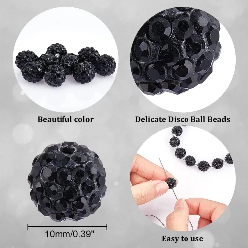 Miniatura 4 de PH PandaHall 100 cuentas de diamantes de imitación negros de 0.394 pulgadas (0.394 in) cuentas de arcilla negra de polímero de cristal de arcilla