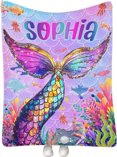 Miniatura 32 de Manta personalizada de sirena para niñas, manta de envoltura personalizada con nombre, manta de forro polar suave para niños recién nacidos, manta
