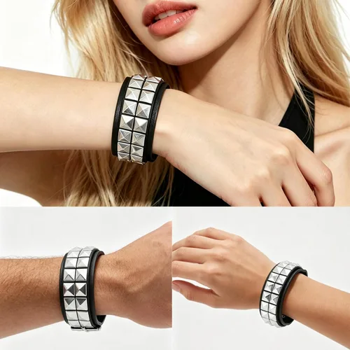 Miniatura 6 de Pulsera con tachuelas, pulseras de roca, 1 pieza de pulsera de cuero gótico de rock negro emo, punk, gótico, remache, brazaletes, accesorios