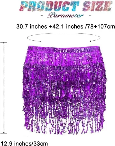 Miniatura 2 de REETAN Falda Boho para danza del vientre con lentejuelas, mascada de cadera con flecos y borlas falda para fiestas, bailes,actuaciones y disfraces