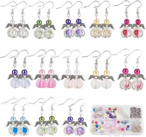 Miniatura 12 de SUNNYCLUE 1 Caja DIY 10 Pares Adornos de Ángel de Navidad Coloridos, Cuentas de Alas de Ángel Guardián, Pendientes, Kit de Inicio para Hacer Joyas