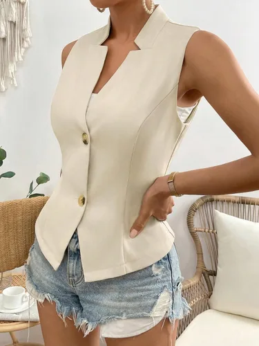 Miniatura 4 de Milumia Chaleco de cuello con muescas para mujer, chaqueta de trabajo sin mangas con un solo pecho