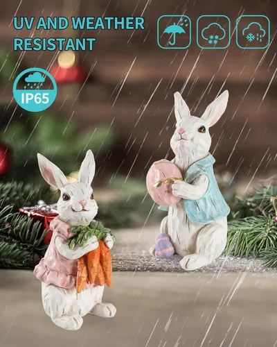 Miniatura 3 de iStatue Decoraciones de Pascua, paquete de 2 figuras de conejo de resina de 4.2 pulgadas con huevos de resurrección y zanahorias, estatua pintada a