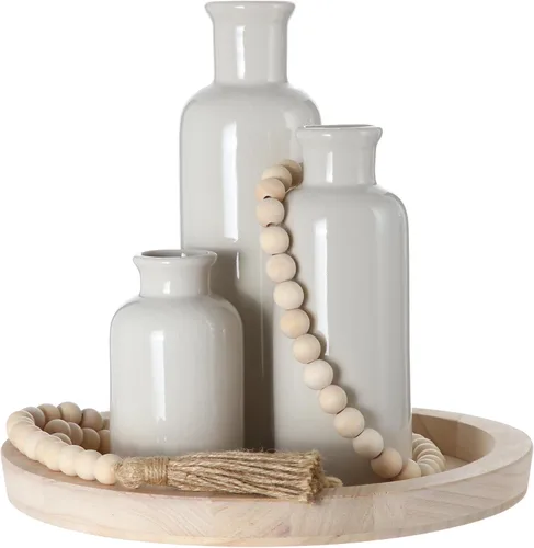 Miniatura 10 de Juego de 5 piezas de centros de mesa rústicos de mesa, juego de 3 jarrones de cerámica boho con bandeja de madera para servir cuentas de madera