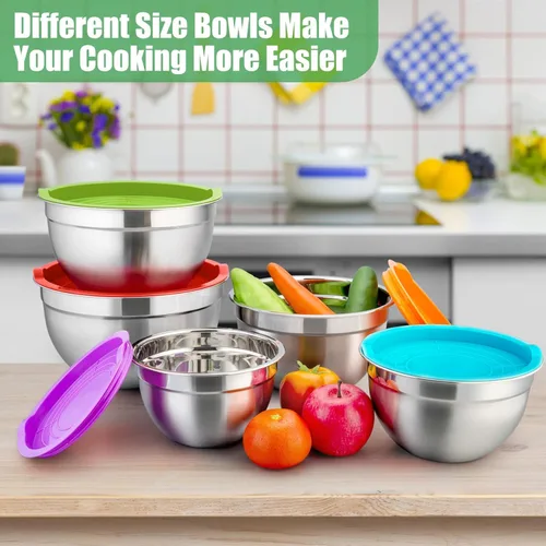 Miniatura 2 de P&P CHEF Juego de 5 cuencos para mezclar con tapas herméticas, 10 piezas de acero inoxidable, cuenco de metal con tapa para preparación y Varios