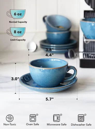 Miniatura 6 de LE TAUCI Juego de 4 tazas de capuchino de 6 onzas con platillos, juego de 4 tazas de café de cerámica y platillos para café con leche, Au Lait