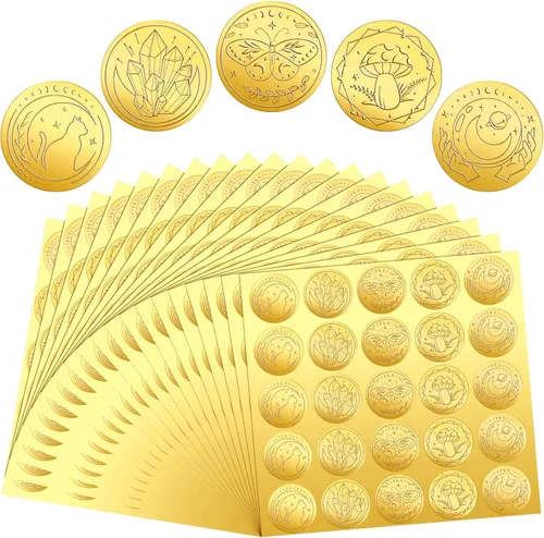 Chinco 500 Piezas Pegatinas de Sellos para Sobres Dorados en Relieve Pegatinas Adhesivas de Sello Pegatinas Vintage de Papel Aluminio en Relieve Kit