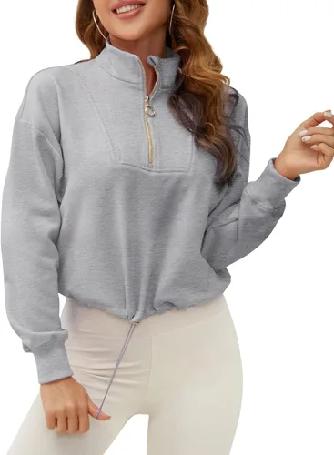 Miniatura 2 de SILKWORLD Sudadera corta con cremallera de un cuarto para mujer, manga larga, cuello alto, cordón ajustable, con bolsillos