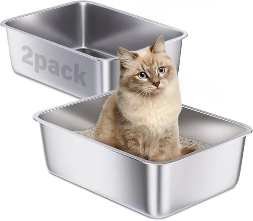 Miniatura 17 de Caja de arena de acero inoxidable con tapa, caja de arena de metal XL, cajas de arena para gatos antifugas de orina, extra grande para gatos