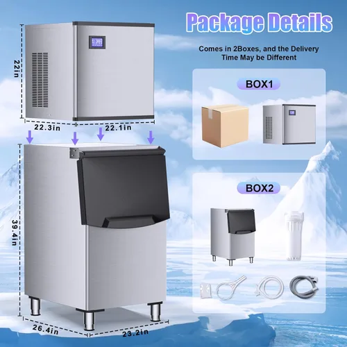 Miniatura 5 de Máquina comercial para hacer hielo 480LBS/24H, contenedor de almacenamiento de 360 libras, listo para hielo en 8-15 minutos, modo de autolimpieza