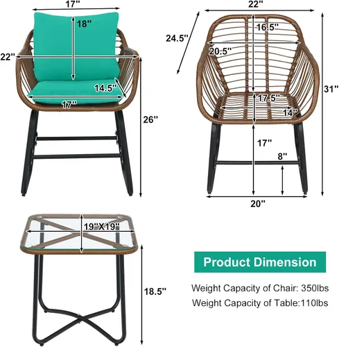 Miniatura 2 de COSTWAY Juego de 3 piezas de ratán para patio, silla acolchada, cubierta de mesa de cristal, turquesa
