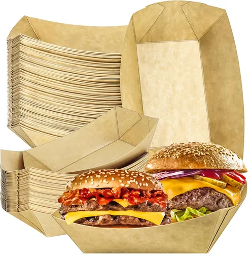 Miniatura 14 de Paquete de 80 bandejas de papel desechables de 2 libras para botes de papel, bandeja de servir comida kraft, platos para aperitivos, palomitas