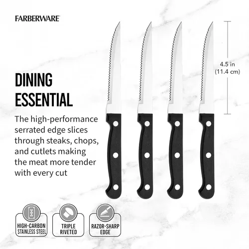 Miniatura 2 de Farberware Juego de cuchillos para carne de acero inoxidable de alto carbono con triple remache, 4 piezas, negro
