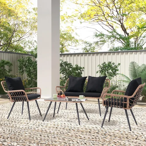 Miniatura 6 de Verano Garden Juego de muebles de patio de 4 piezas, juego de conversación de mimbre al aire libre para porche y terraza, sofá biplaza bohemio y 2