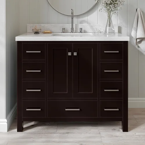 ARIEL Cambridge - Mueble de baño espresso de 43 pulgadas con fregadero, borde de mármol italiano de carrara de 1.5 pulgadas, madera maciza,