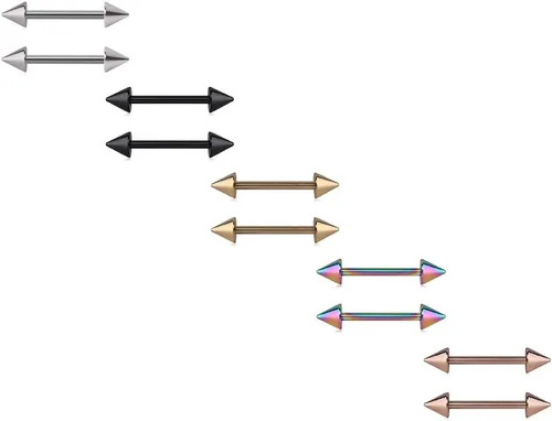 Miniatura 2 de Ruifan Juego de 2 a 10 pendientes con barra con puntas de conos, de acero inoxidable 316L, para pezón. Pendiente con barra para piercing, de 14