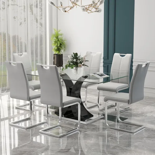 Miniatura 22 de Juego de comedor moderno de vidrio de lujo de 5 piezas, juego de cena rectangular minimalista grande para 4, juego de mesa de cocina de vidrio