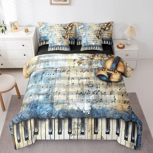 Erosebridal Juego de edredón de 7 piezas con diseño de piano, cama Queen en una bolsa, juego de ropa de cama retro con notación musical de guitarra