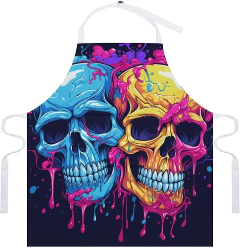 Miniatura 7 de Personalized Two Different Skulls Adult Apron, Kitchen Cooking Aprons for Woman Man, Adjustable Bib Apron with Pocket for Baking, BBQ Crafting