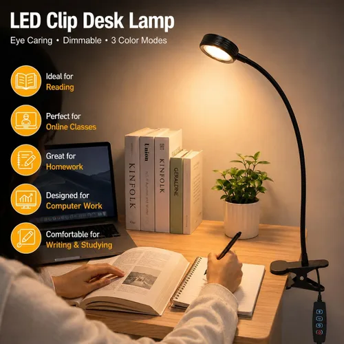 Miniatura 3 de Lámpara de escritorio USB con clip con 3 modos de color, brillo ajustable, cuello de cisne, temporizador de 1 minuto, luz de libro para leer libro
