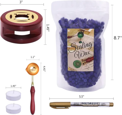 Miniatura 5 de SWANGSA Kit de cera de sellado, 1450 cuentas de cera de sellado, verde metálico, calentador de sello de cera, cuchara de cera, bolígrafo de sello