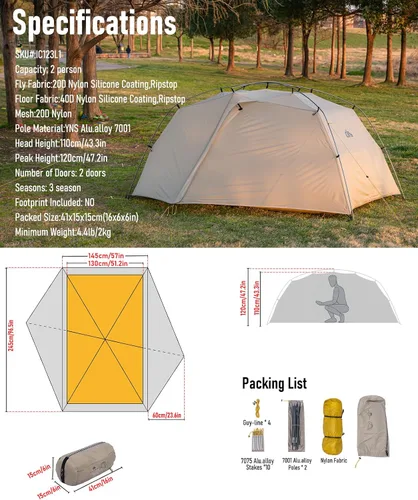 Miniatura 6 de iClimb Ultraligero 2 persona 3 temporada tienda impermeable para mochileros al aire libre camping senderismo trekking montañismo