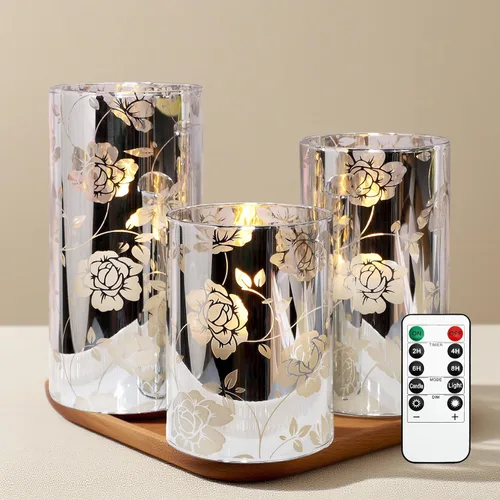 Velas de Cristal Florales Sin Llama Rosa Románticas Operadas con Batería con Control Remoto Parpadeantes LED Plateadas Vela de Pilar de Cera Real