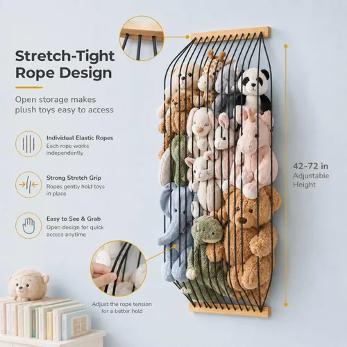 Miniatura 7 de Organizador de madera para almacenamiento de animales de peluche, para habitación de niños, lindo y duradero para pared o puerta, longitud Negro