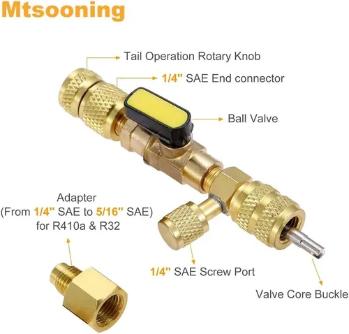 Miniatura 3 de Kit de instalación de removedor de núcleo de válvula R12 R22 R410A, 3 válvulas de bola SAE de 45° 1/4 pulgadas, 10 núcleos de válvula, 2 puertos