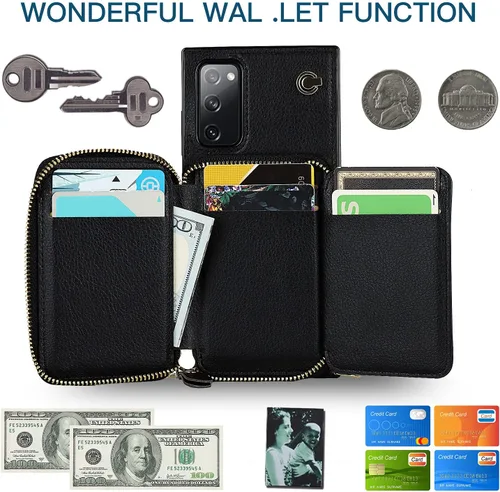 Miniatura 3 de Asuwish Funda de teléfono para Samsung Galaxy S20 FE 5G de 6.5 pulgadas con protector de pantalla y soporte para tarjetas con cremallera, soporte