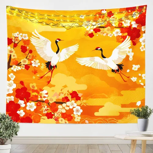 Feelyou Tapiz para colgar en la pared de flores de cerezo para niñas, tapiz de grúa de estilo japonés amarillo y rojo, manta de pared de estilo