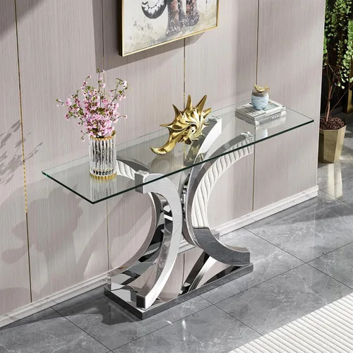 Miniatura 48 de SSLine Mesa auxiliar de cristal de lujo para sala de estar, mesa auxiliar moderna dorada con base de pedestal de acero inoxidable en forma de flor