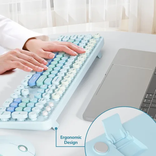 Miniatura 8 de Teclado y mouse azules, bonito combo de teclado y mouse inalámbricos, teclado de máquina de escribir de tamaño completo con teclado numérico, azul