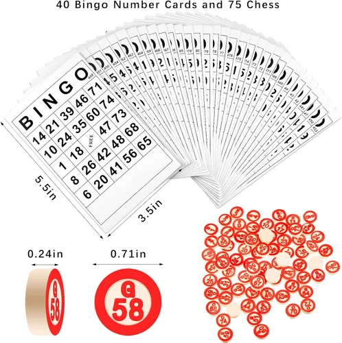 Miniatura 2 de Lewtemi El juego de mesa de bingo de madera vintage incluye 40 tarjetas clásicas de números de bingo y 75 ajedrez para fiestas familiares grandes