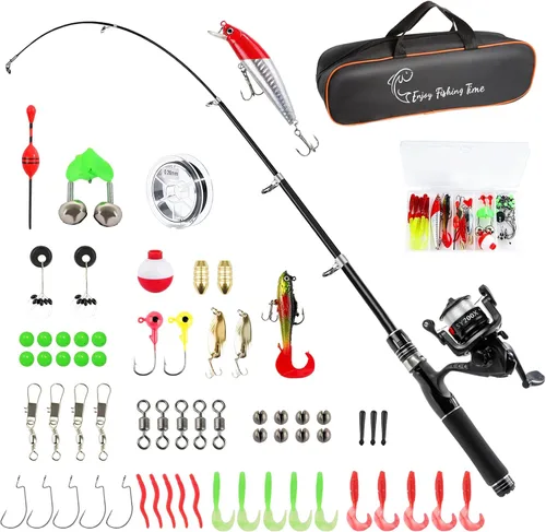 Kit de caña de pescar, combo de caña de pescar telescópica de fibra de carbono y carrete con carrete giratorio, línea, cebo biónico, anzuelos y