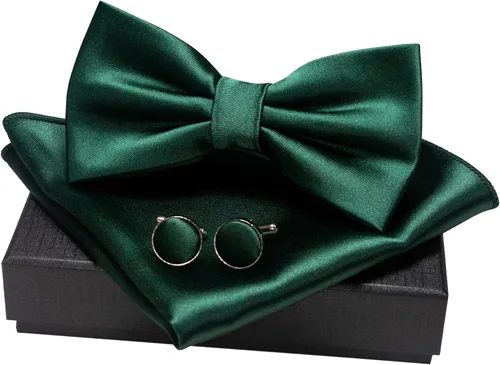 Miniatura 3 de Juego de gemelos cuadrados de bolsillo y pajarita preatada para hombre de color sólido con caja de regalo