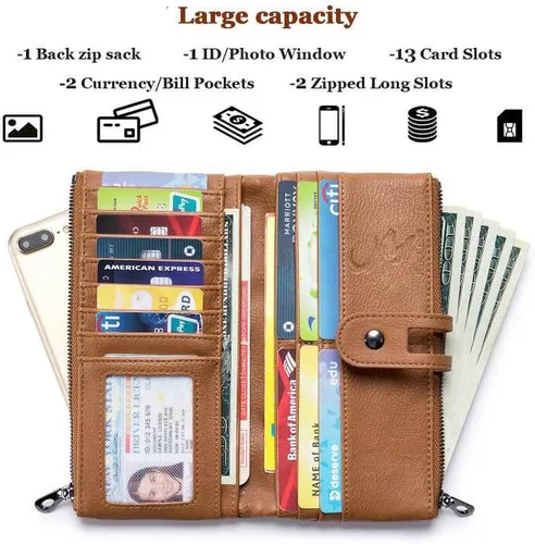 Miniatura 2 de Cartera para mujer, de gran capacidad, de piel auténtica, plegable, con bloqueo RFID, tarjetero con bolsillo con cremallera