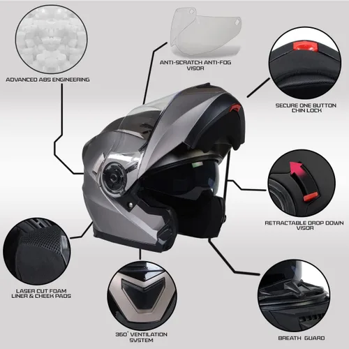 Miniatura 2 de Milwaukee Helmets MPH9808DOT - Casco modular de motocicleta avanzado de plata ionizada con visera abatible, talla S