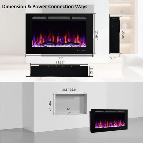 Miniatura 6 de Chimenea eléctrica de 36 pulgadas para empotrar y colocar en la pared, insertos de chimenea multicolor con 5 atenuadores, control remoto