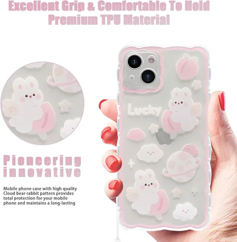 Miniatura 2 de Funda compatible con iPhone 15, patrón de conejo melocotón de dibujos animados lindo con bonito diseño de cadena, para mujeres y niñas, funda kawaii