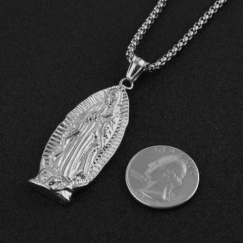 Miniatura 4 de HZMAN Collar colgante de acero inoxidable con cadena de trigo de acero inoxidable con cadena de trigo de Nuestra Señora de Guadalupe