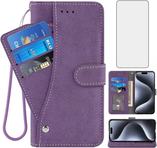 Asuwish Funda compatible con iPhone 15 Pro Max de 6.7 pulgadas y protector de pantalla de vidrio templado, ranura para tarjetero, funda para