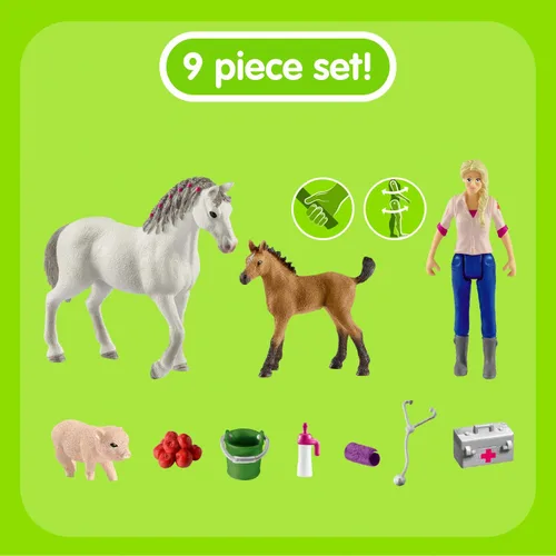 Miniatura 3 de Schleich Farm World - Juego de 9 piezas de visita veterinaria con figuras de cerdito, yegua y potro, juego detallado y duradero, juego divertido